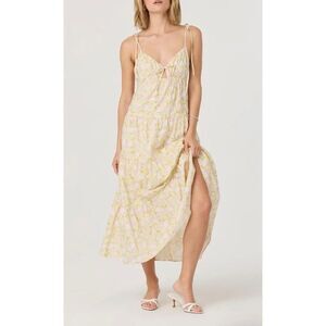 NEW ASTR The Label Tie Strap Tiered Maxi Dress Yellow Pink Floral Sleeveless siz